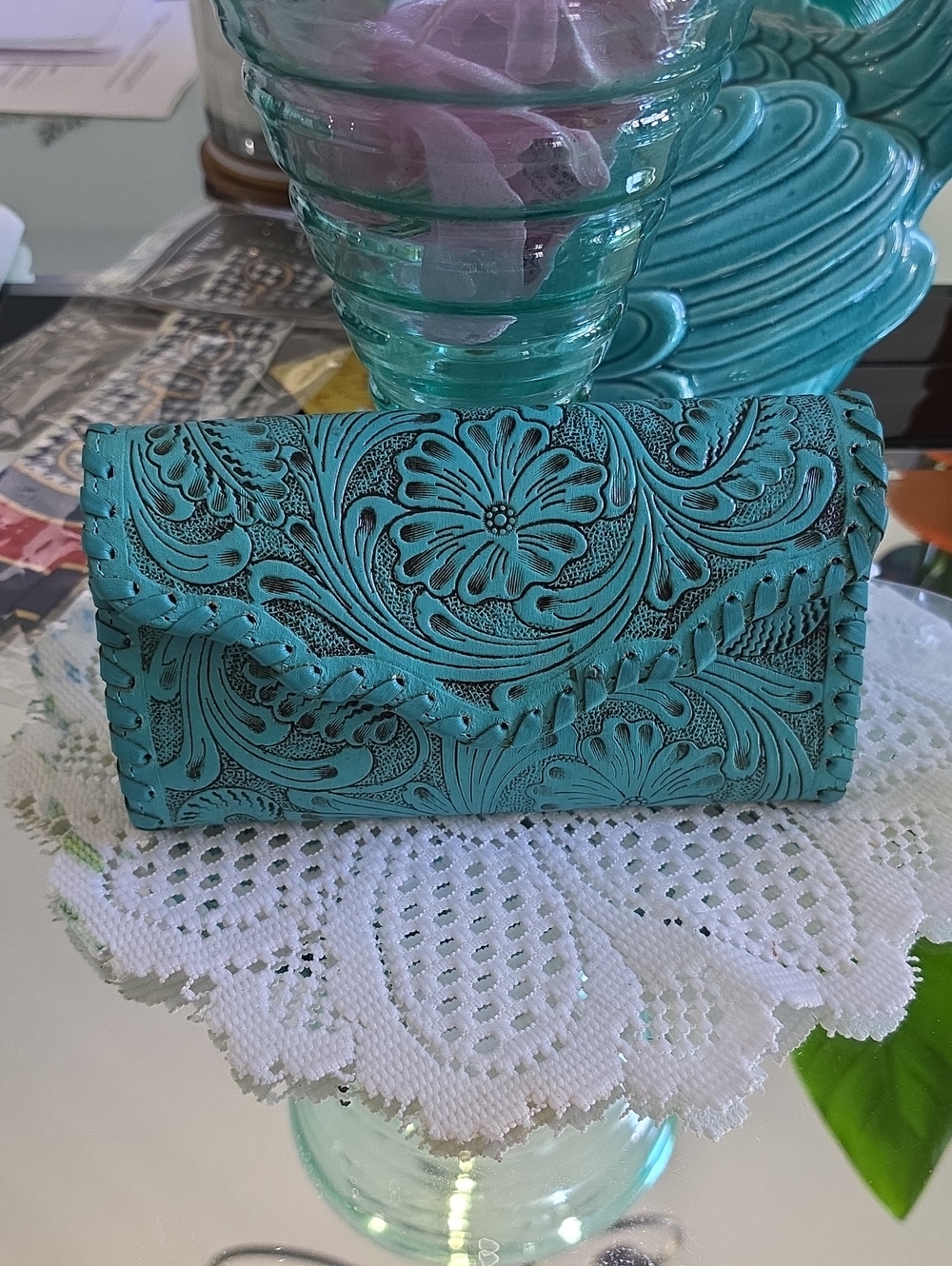 Wrangler Turquoise Floral Tooled Crossbody Clutch